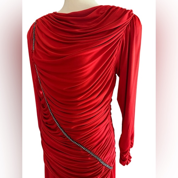 Vintage Claralura Ruched Rhinestone Red Goddess Dress Cocktail Party Made in USA - Picture 2 of 14